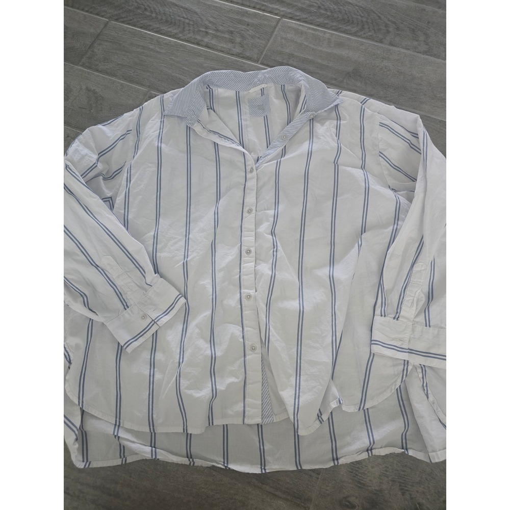 Aerie Womens XL Oversized Oxford Striped Button Down Shirt White Blue Cotton